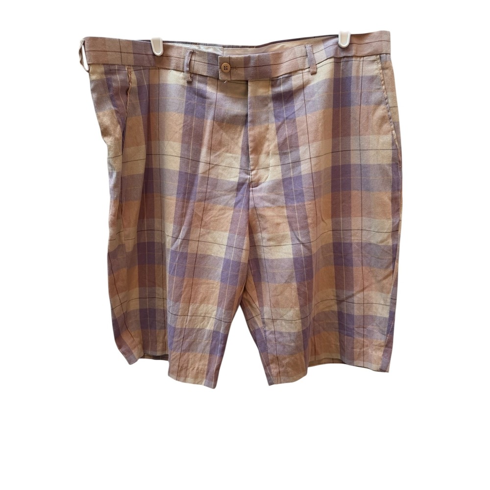 Linea Uomo Plaid Shorts Mens 42 Purple Tan Cotton Flat Front Casual